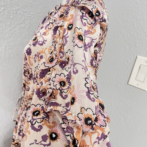 Alexis Satin Sequined Floral Adjustable Waist Peasant Flowy Maxi Dress Size XS - Picture 4 of 9